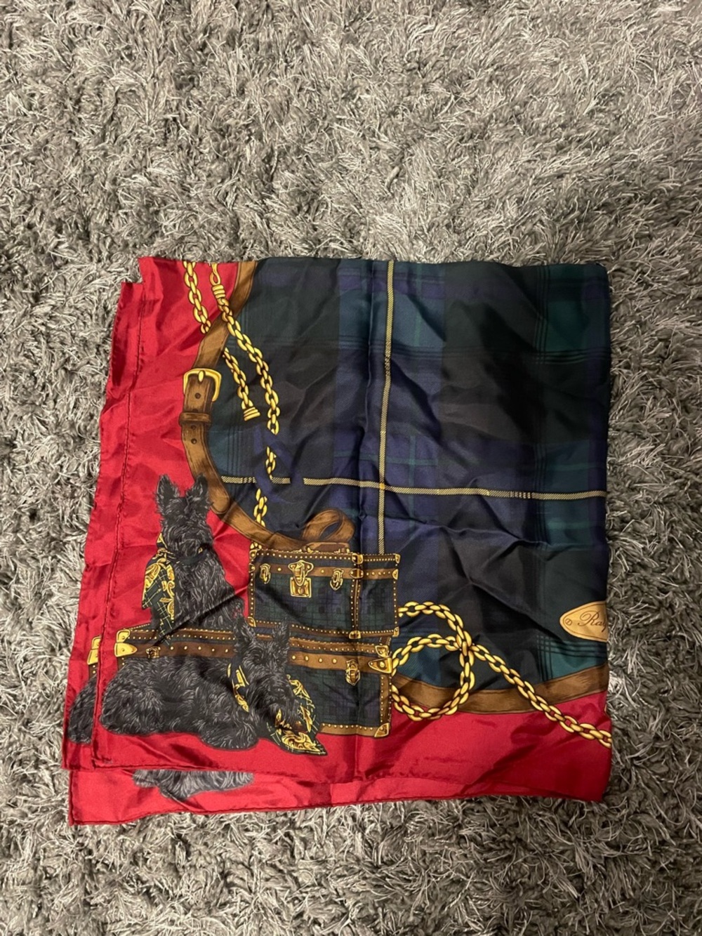 Ralph Lauren Silk Scarf in Red, Navy & Gold Chain Print - Picture 2 of 3